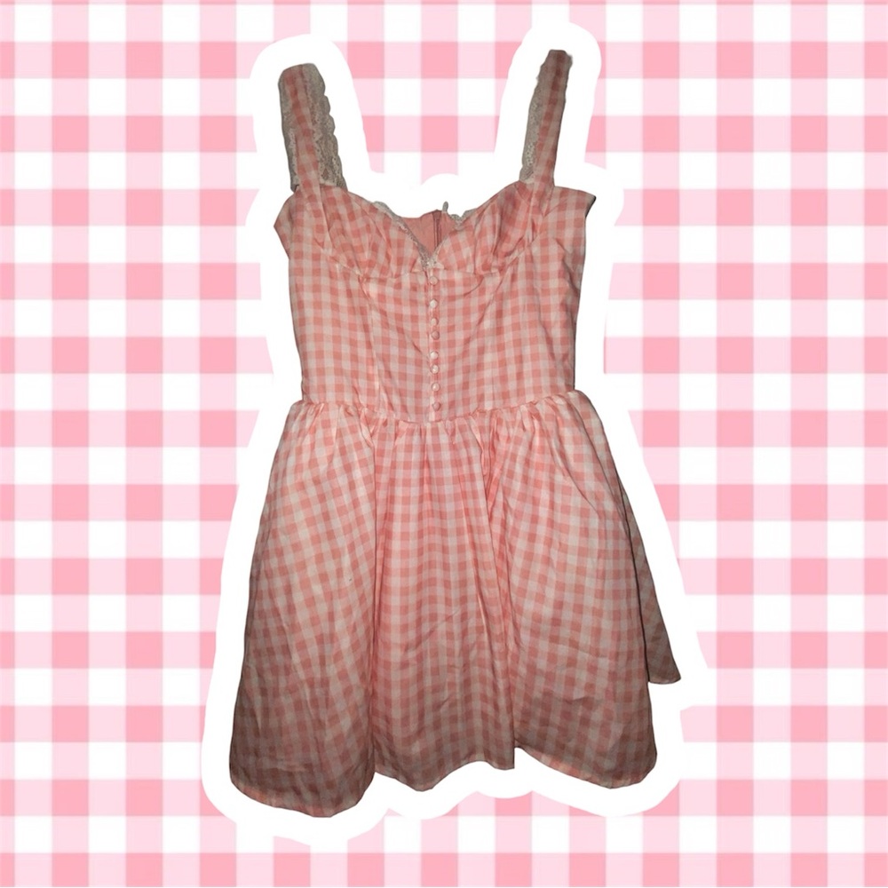 Baby Pink & White Gingham Babydoll Mini Dress with Lace